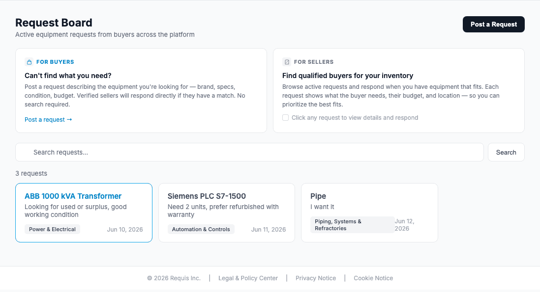 Request Board showing active buyer requests