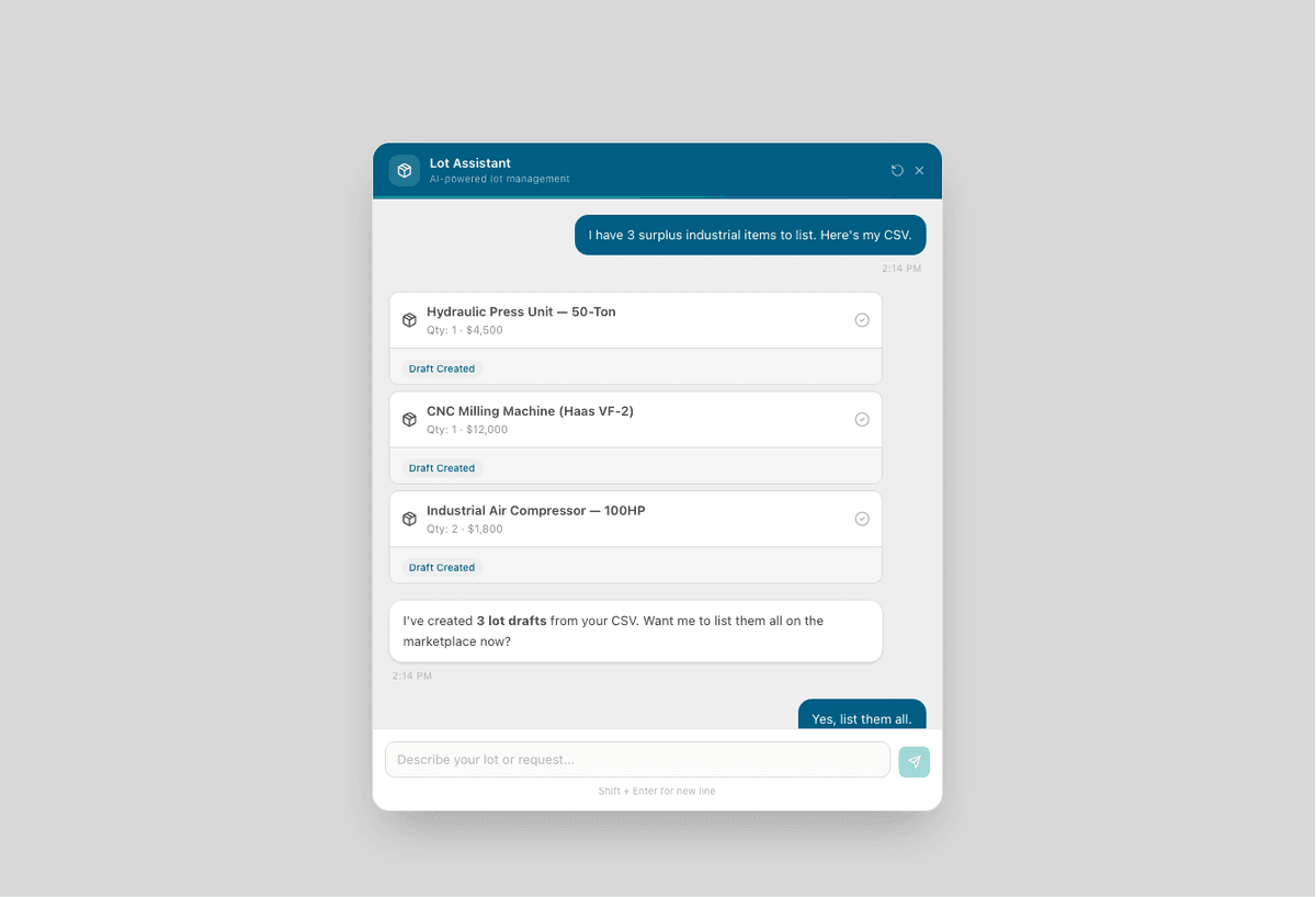 Lot Assistant chat showing Bot to Lot in action
