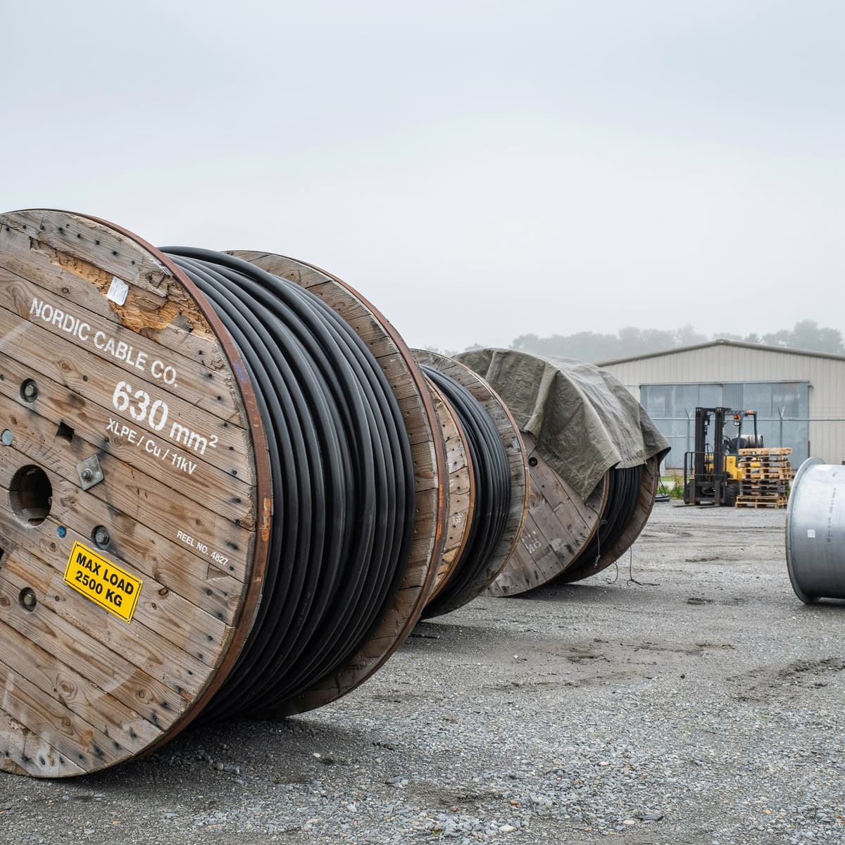 Rows of cable spools in a warehouse